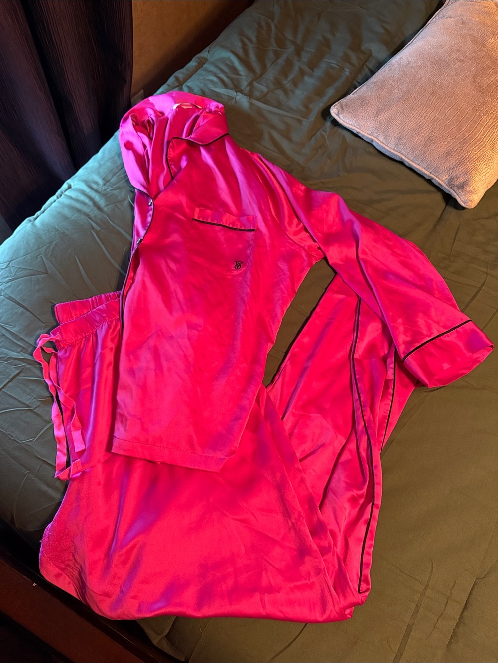 Victoria's Secret Satin Pajama Set in Bright Pink with Black Piping